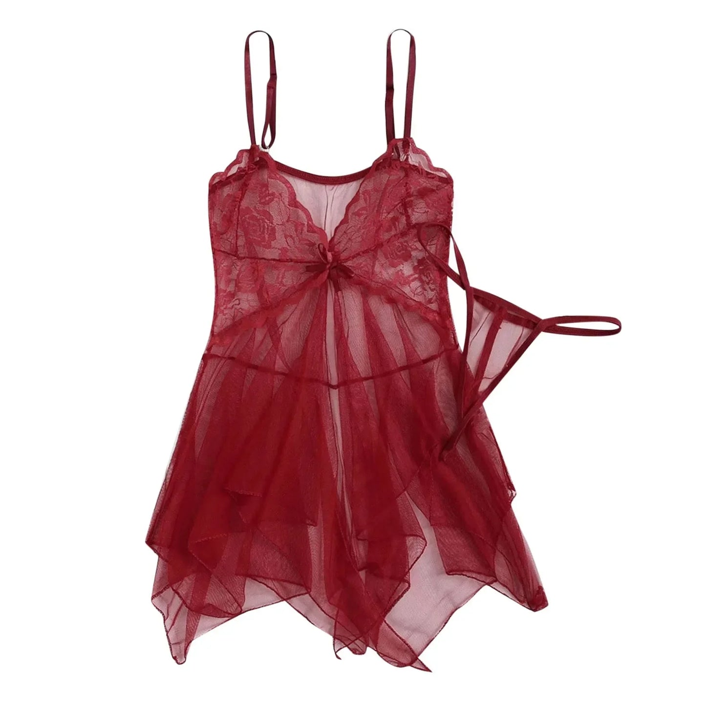 Burgundy sheer tulle lace babydoll set with lace cups, bow detail, and thong