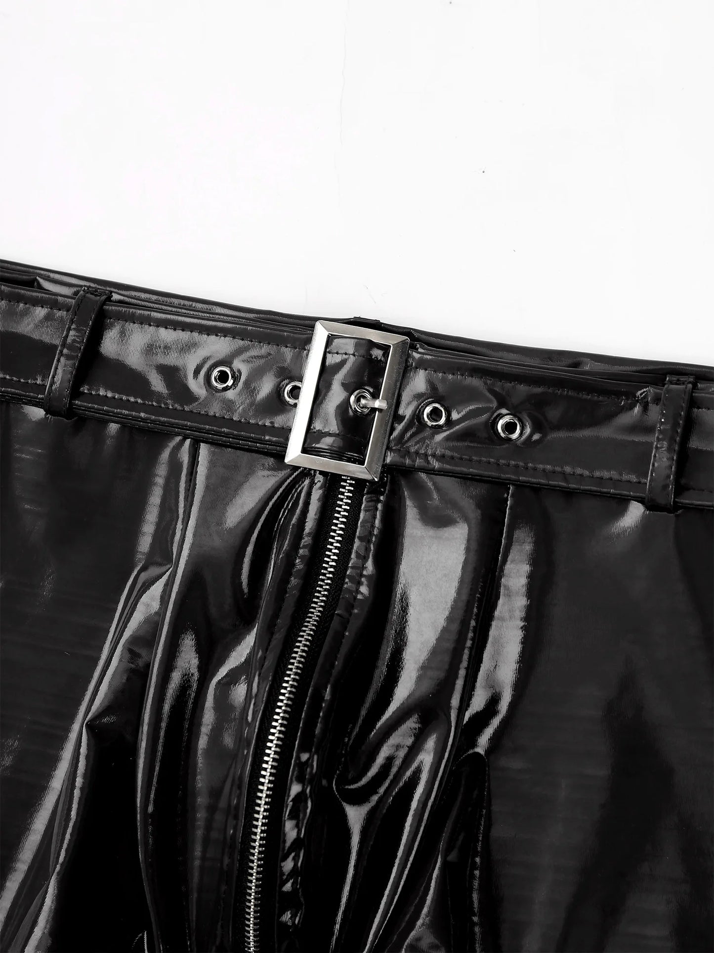 Black wet-look PVC boxer briefs with front zipper harness buckle detail
