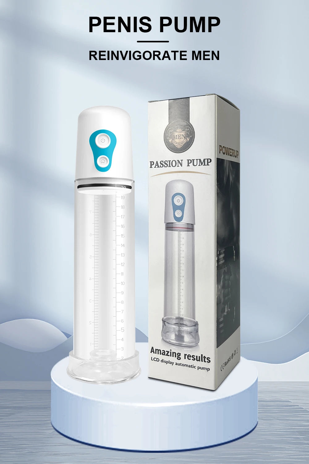 Electric pump in retail box, white top with blue buttons and clear measurement cylinder
