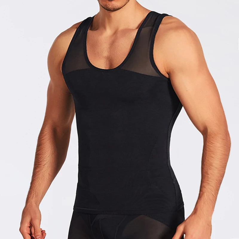 Black compression vest with sleeveless racerback and smooth torso fit