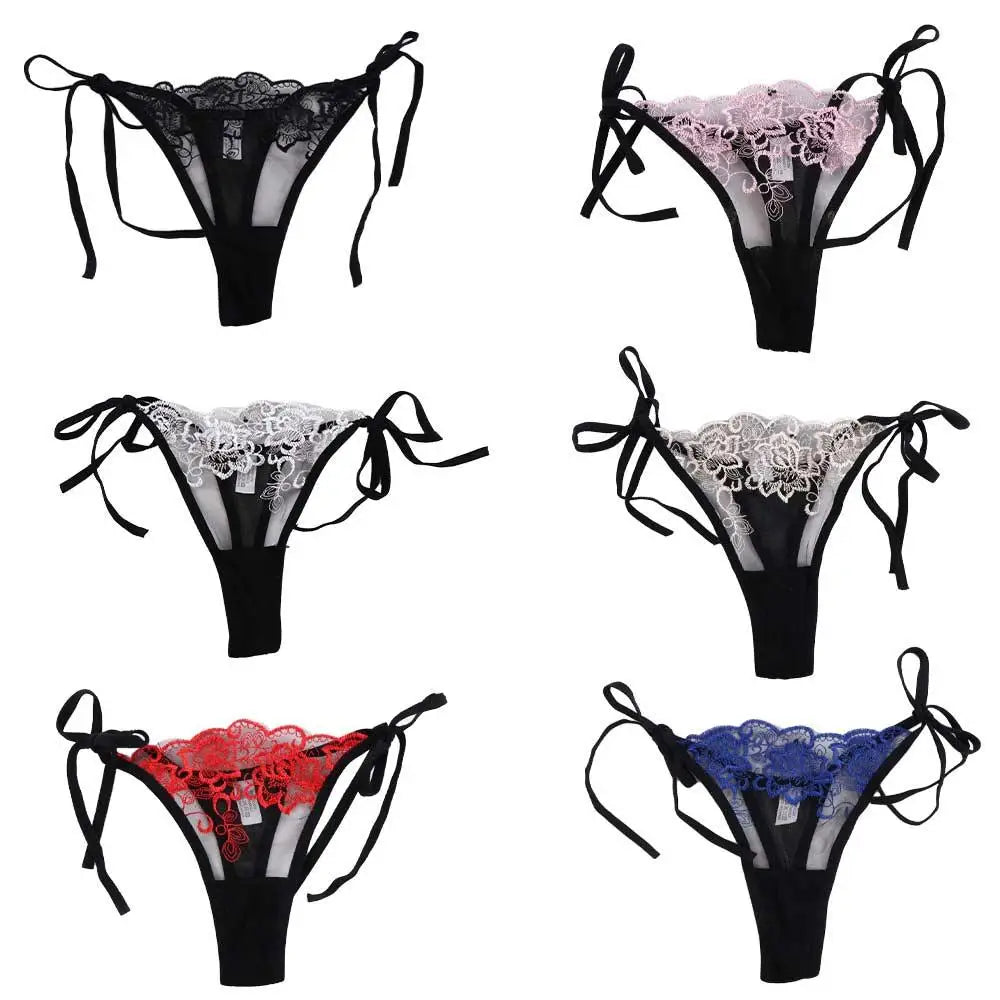 Embroidered lace panty brief set with bow ties, multiple colors: black, white, blue, red