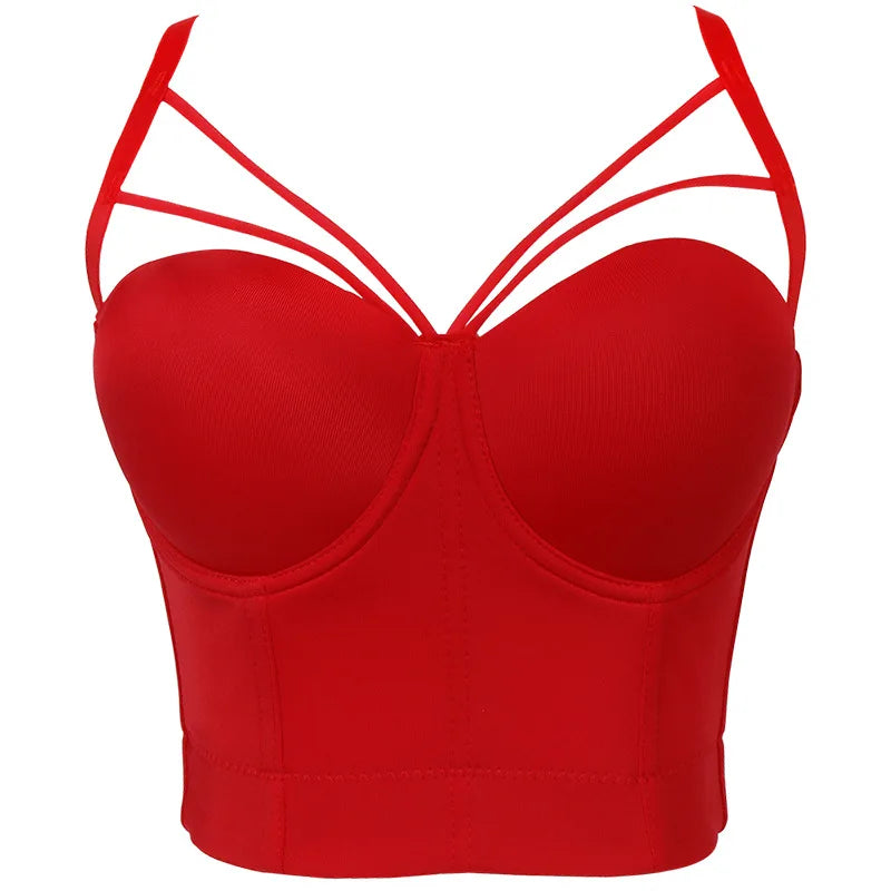 Red corset bustier bra with underwire cups and layered shoulder straps waist shaper