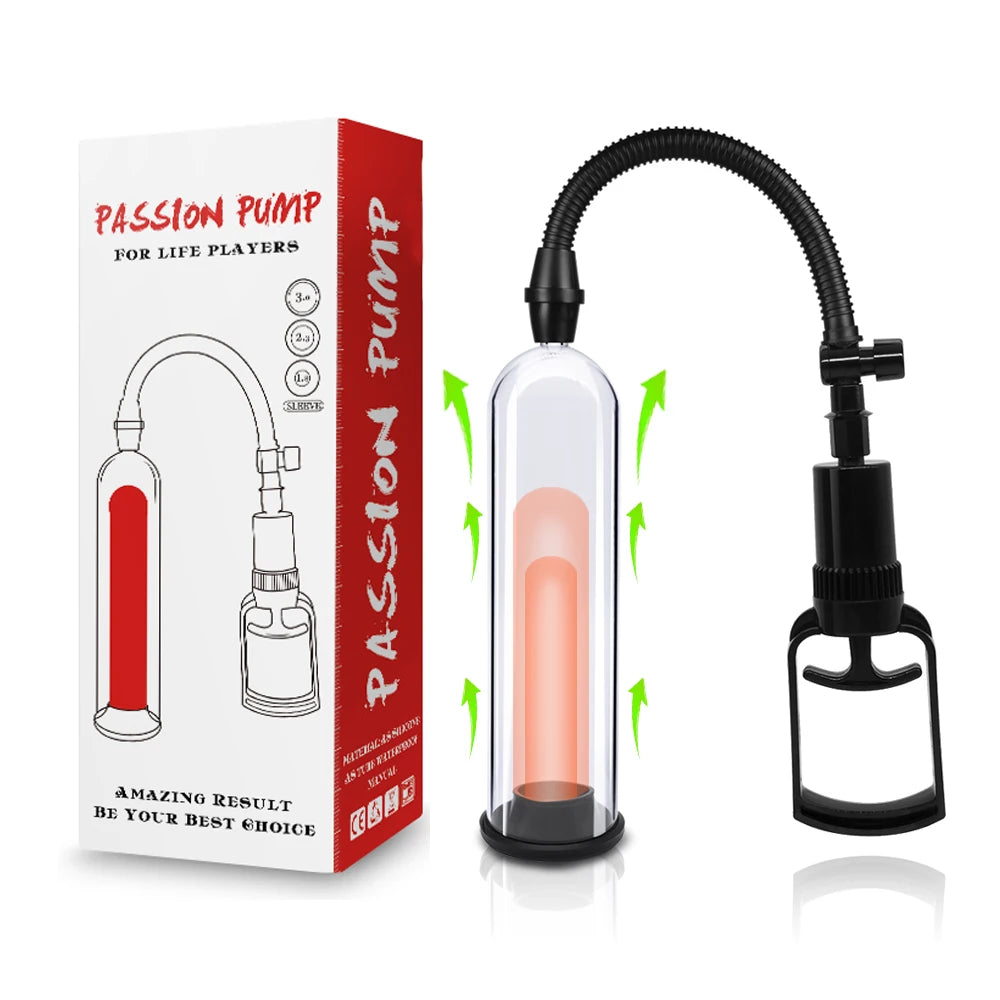 Passion pump penis pump set with clear cylinder, black base, and hose attachment
