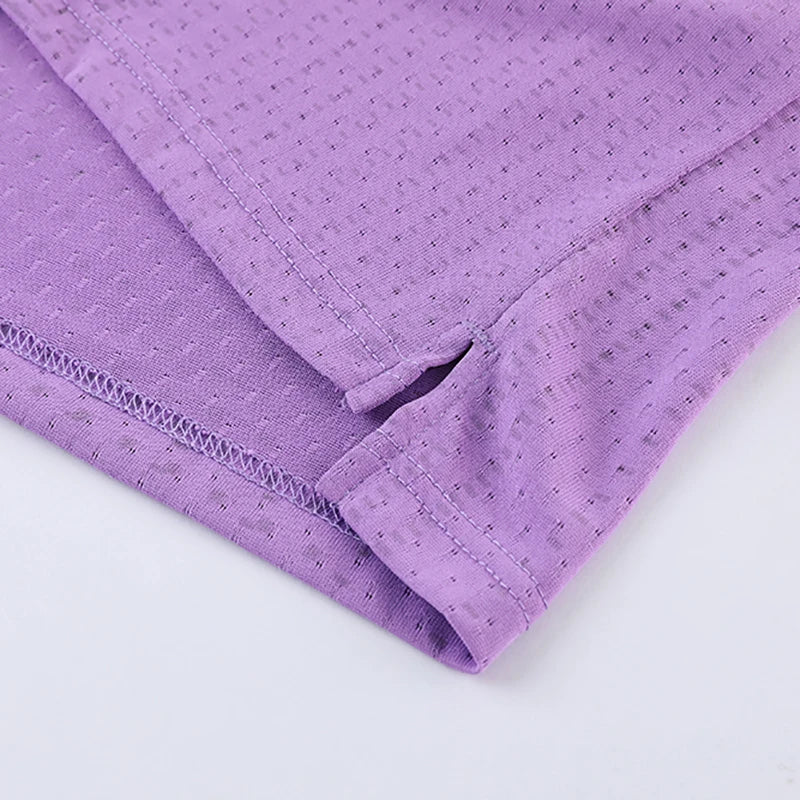 Purple mesh gym vest tank top hem and stitched sleeve edges