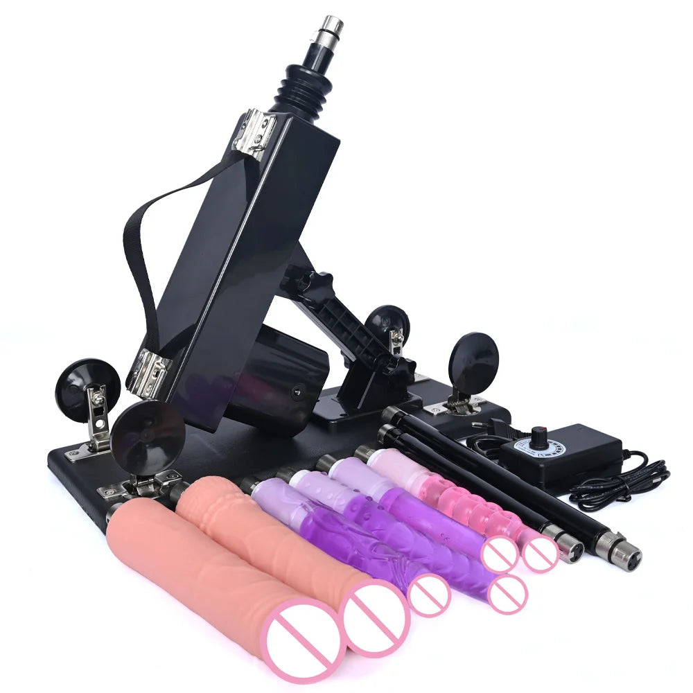 Automatic thrusting sex machine with black frame, suction cups, and purple/flesh attachments