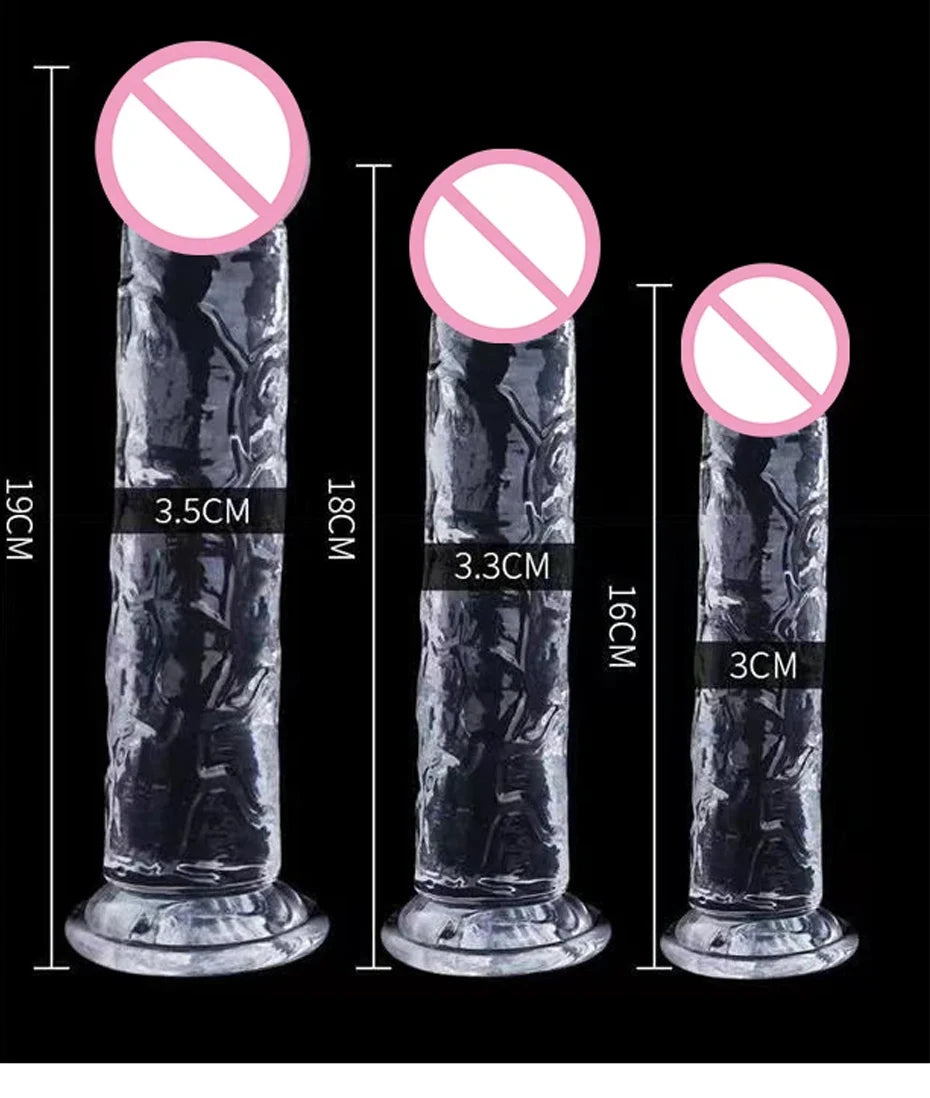 Multiple sizes of transparent jelly dildo with suction cup, shown side-by-side upright