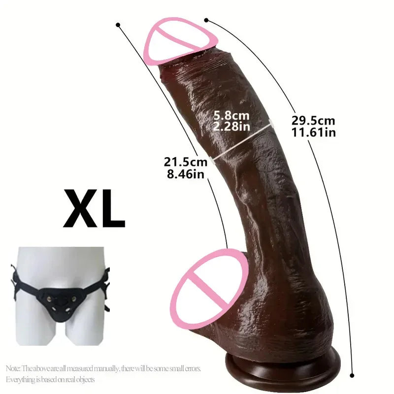 Oversized realistic dildo, XL, dark brown/black tone, curved shape.