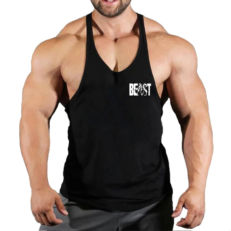Gym stringer singlet, black, deep scoop neck and thin straps with BEAST chest print