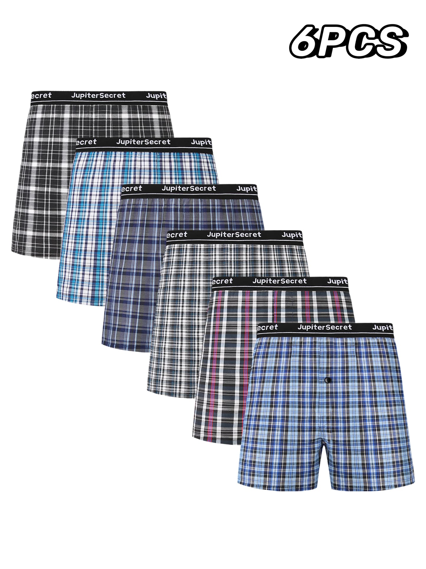 6-pack woven plaid boxer shorts with blue-and-white and dark plaid patterns