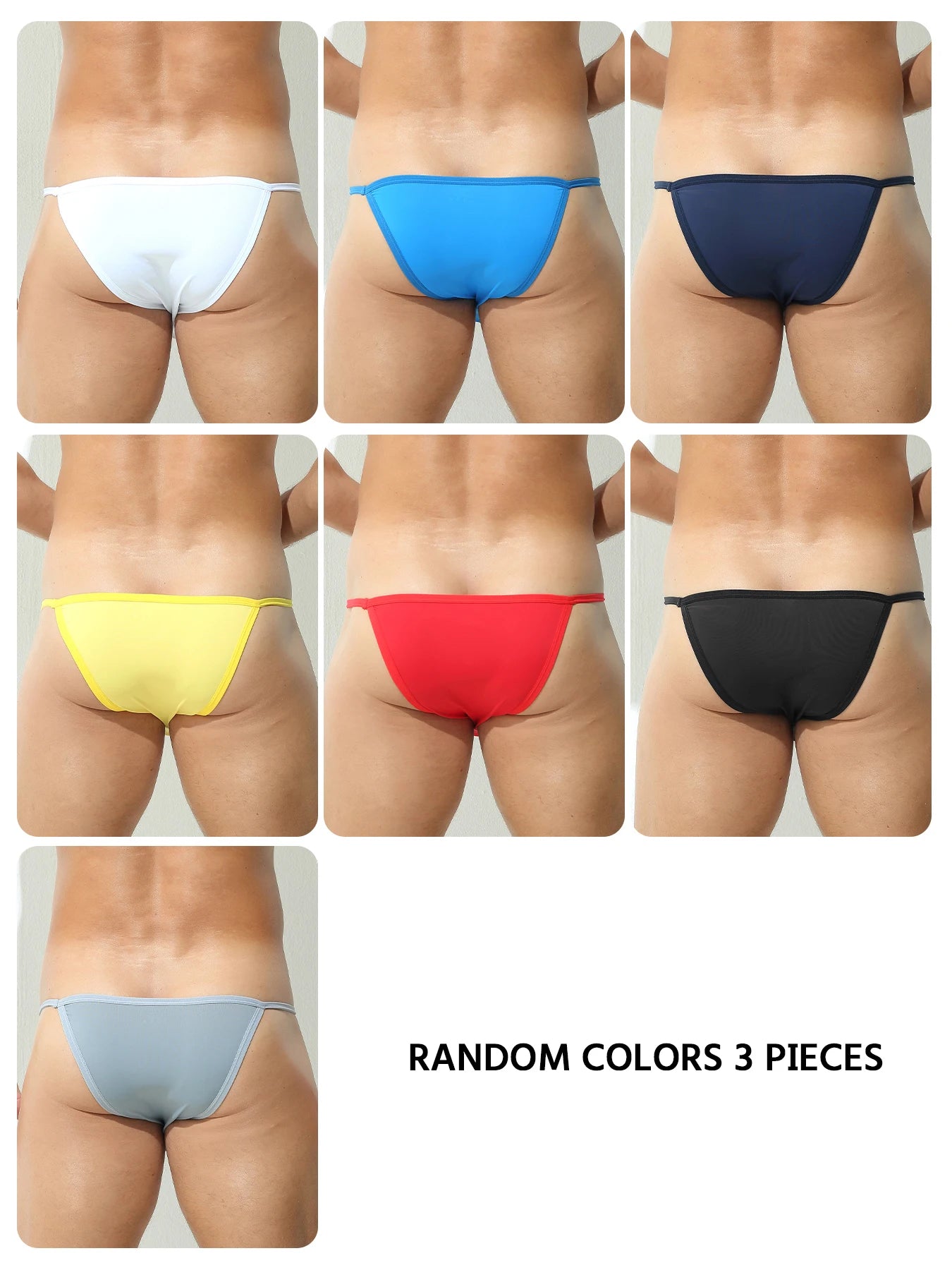 Assorted solid U-pouch bikini briefs, color options shown in a 3-piece set