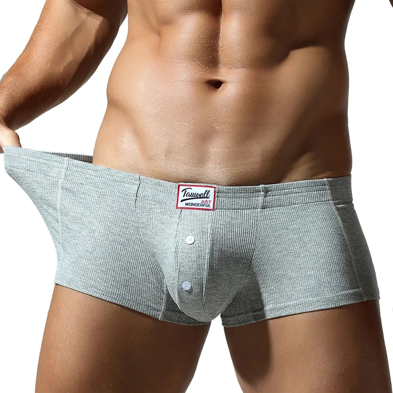 Grey slim-fit button-front brief with contoured pouch and ribbed waistband