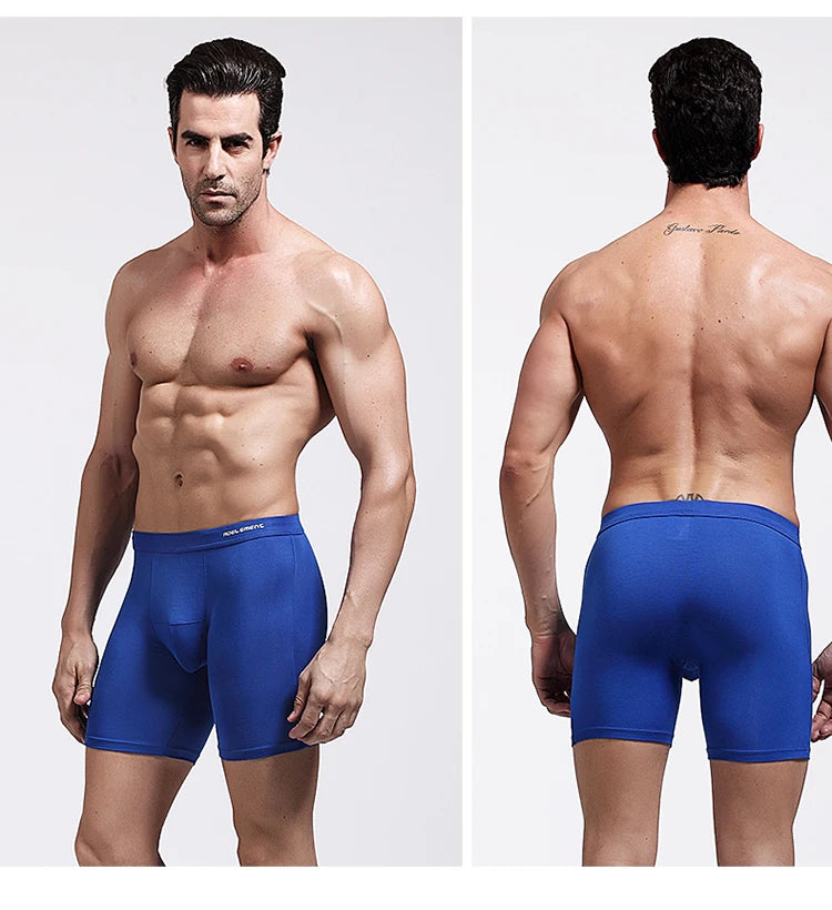 Blue compression boxer briefs on model, front and back views