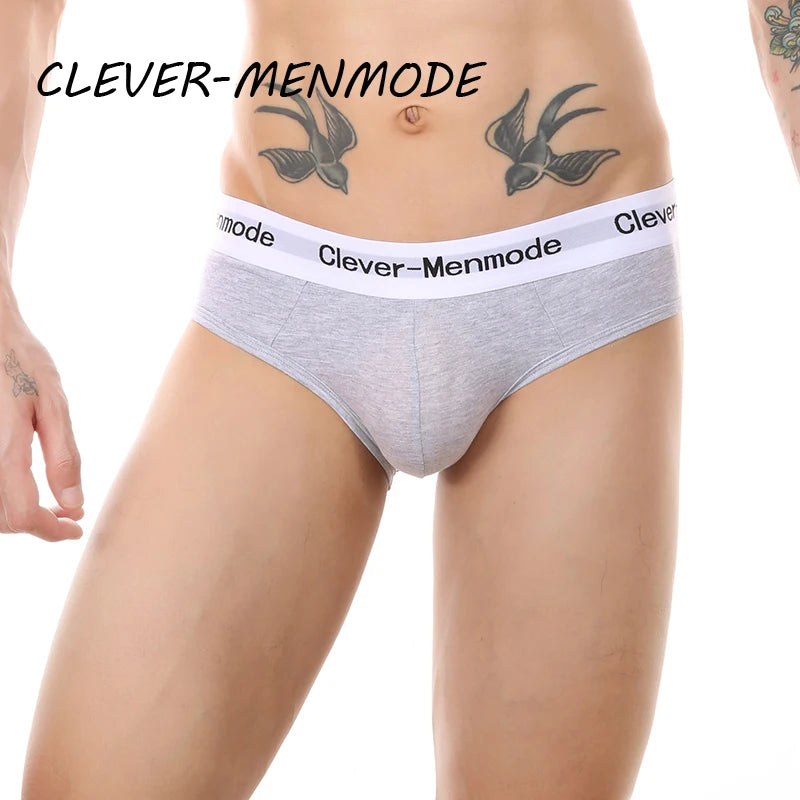 Gray open-back cotton brief with white logo waistband, front view