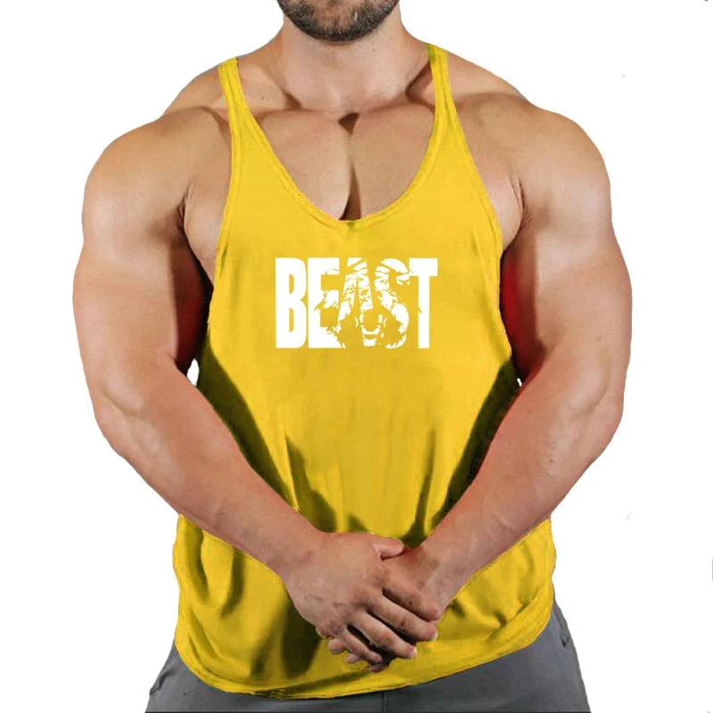 Gym stringer singlet, yellow, deep scoop neck and thin straps with BEAST chest print