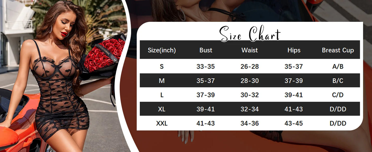 Black lace babydoll chemise with sheer mesh and lace cups, beside size chart