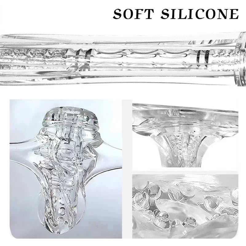 Clear vibrating stroker cup detail showing soft silicone components