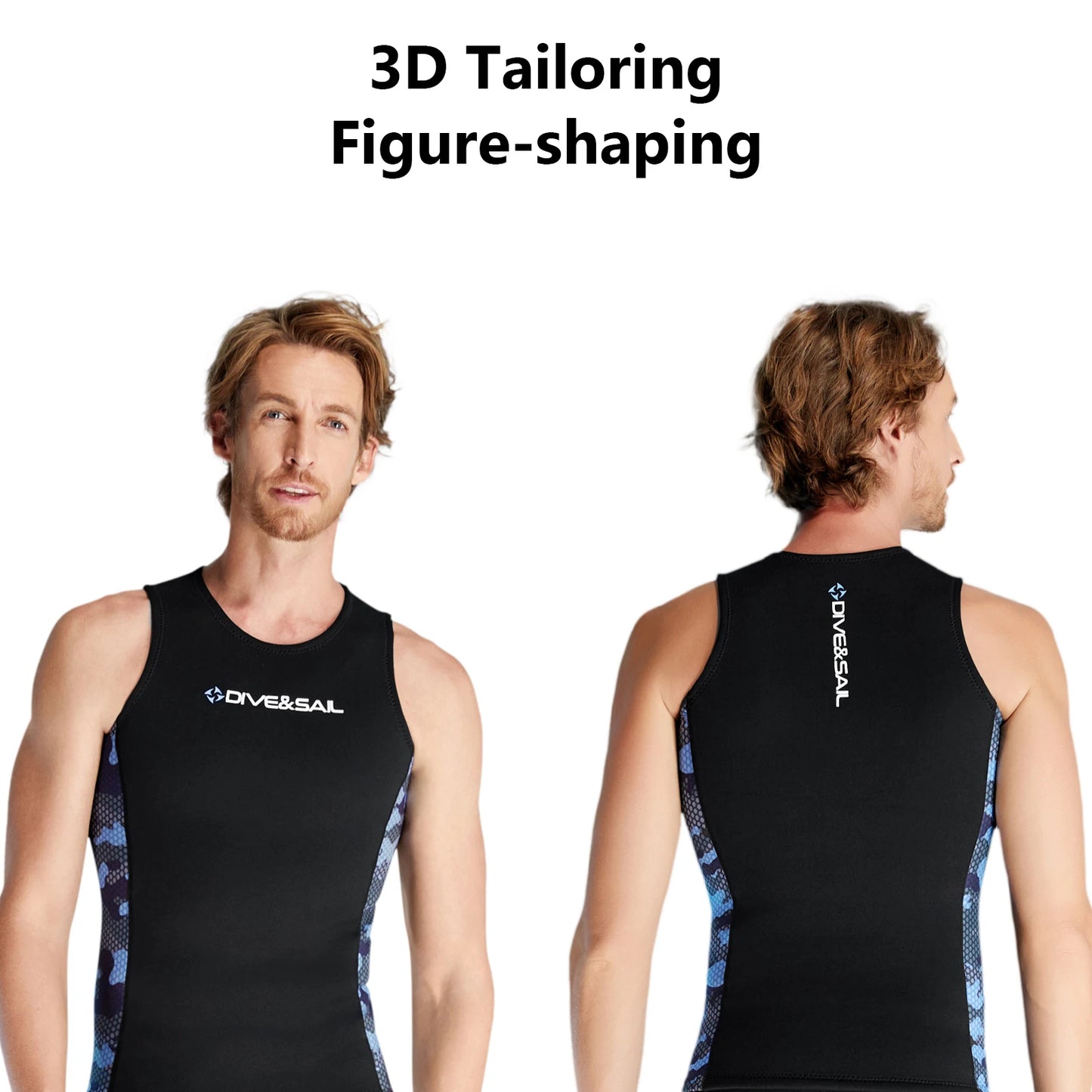 Men's black sleeveless wetsuit vest with blue camo side panels, front and back