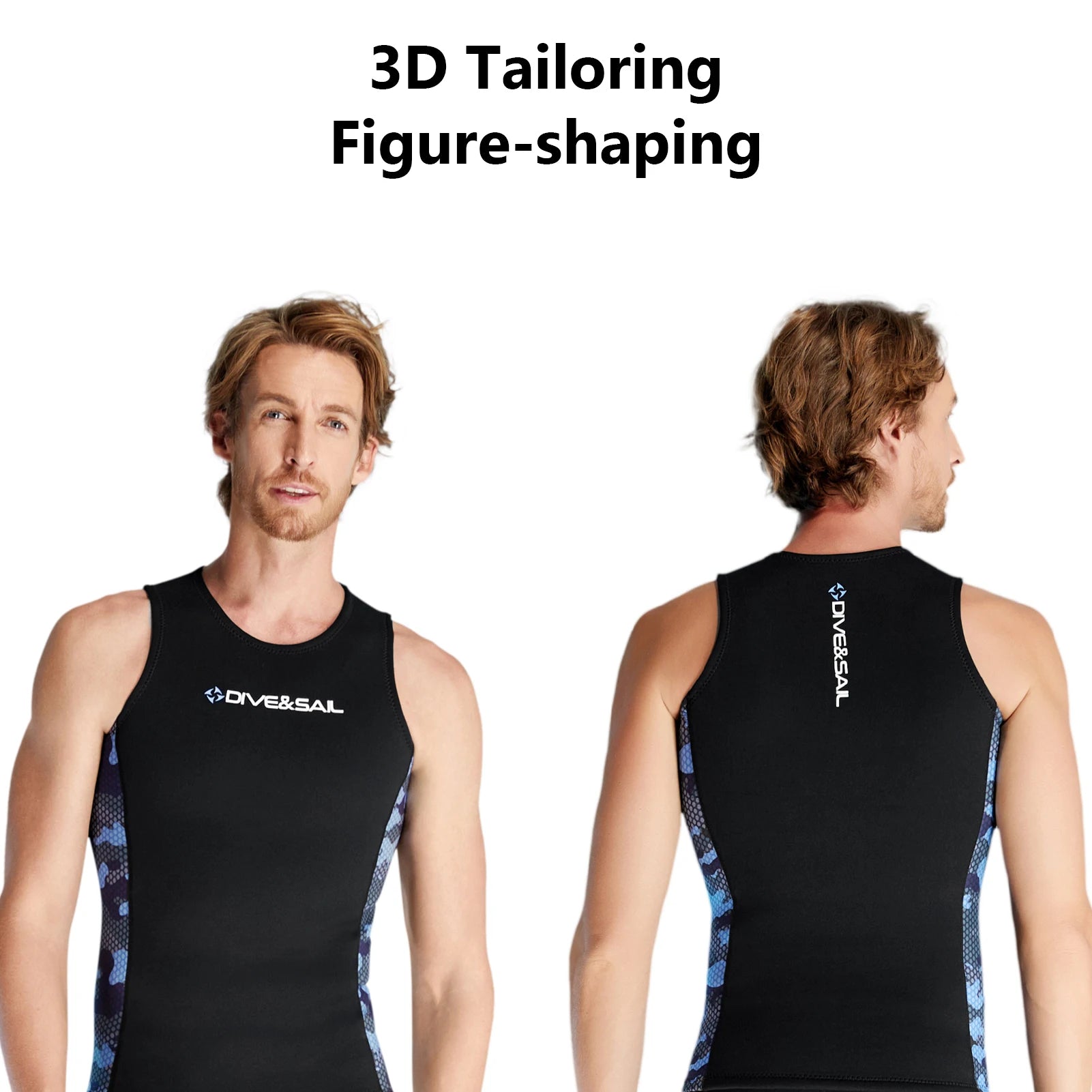 Men's black sleeveless wetsuit vest with blue camo side panels, front and back