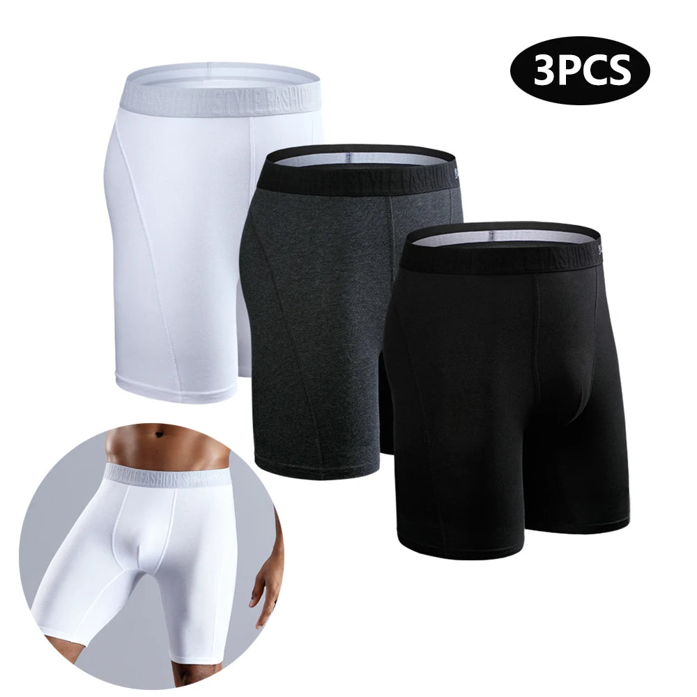 Men's long cotton boxer briefs, 3-pack: white, dark gray, and black.