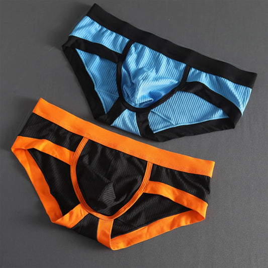 Striped U-pouch low-rise brief in light blue with black waistband and side panels