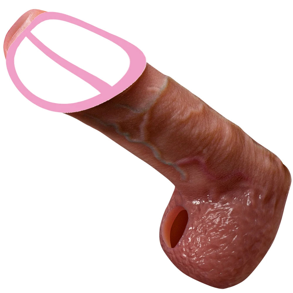 Silicone penis extension sleeve, brown, underside view with small side opening near tip