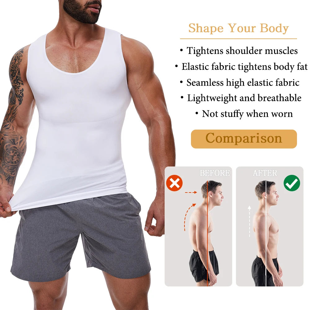 White sleeveless tummy control vest, U-neck tank on model, front view