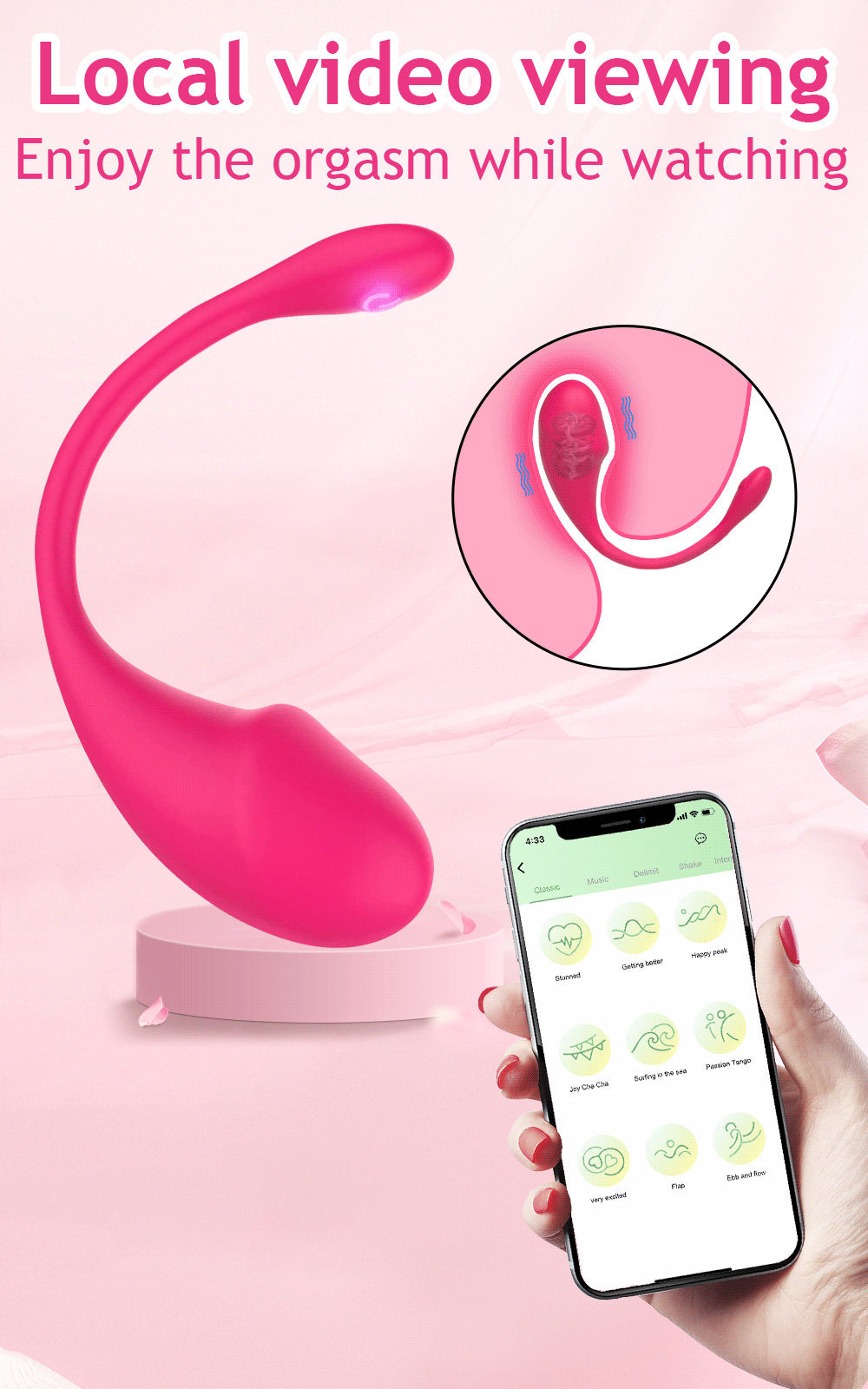 Pink curved vibrator with smartphone remote control app and circular callout