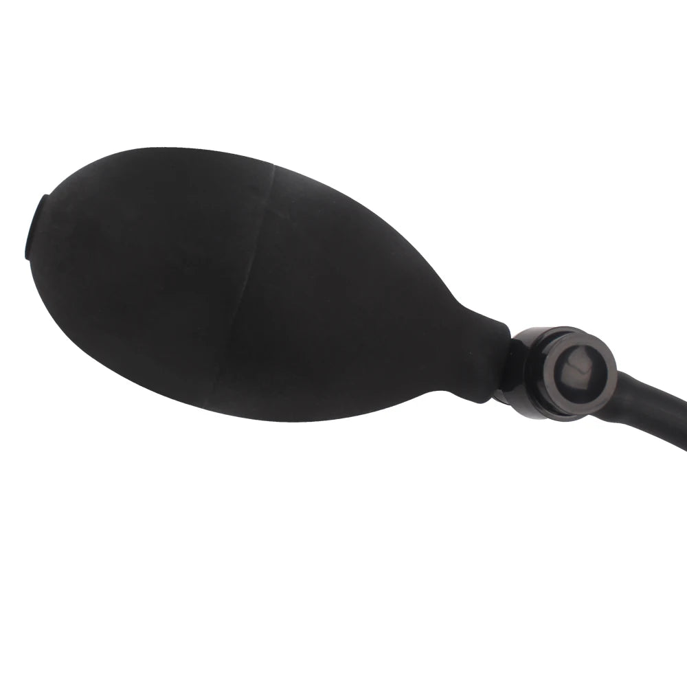Black inflatable anal plug side view with connected air valve fitting