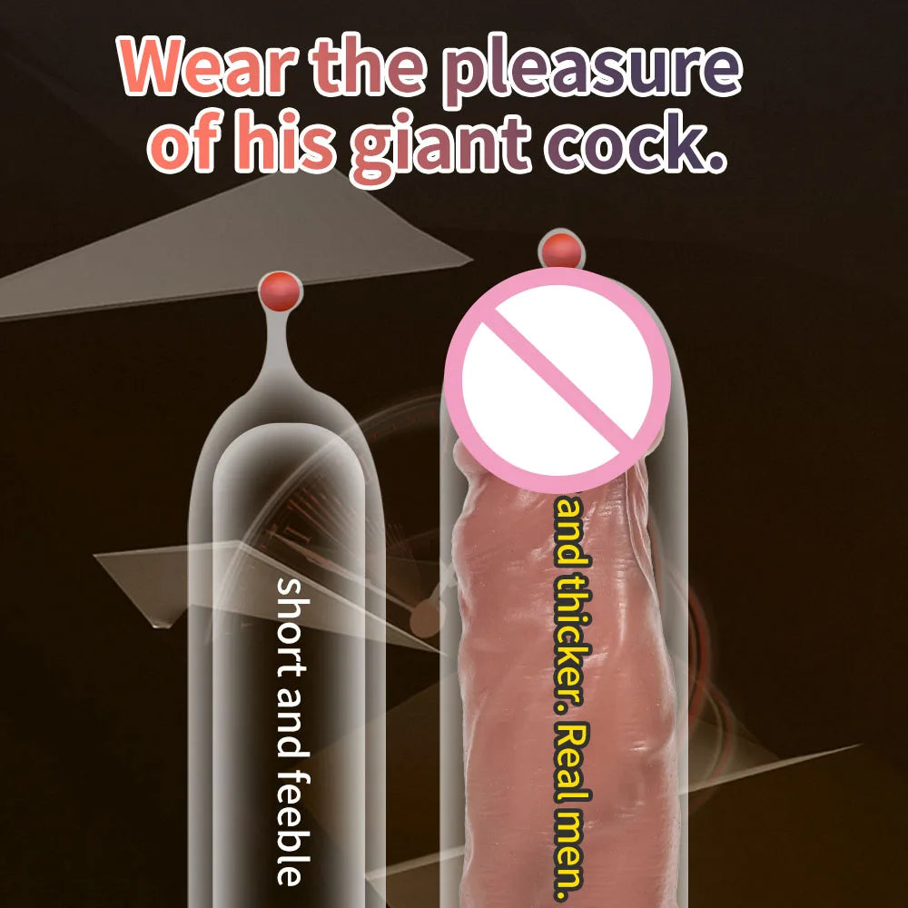 Long penis extension sleeve, glossy flesh-toned finish; shown upright.