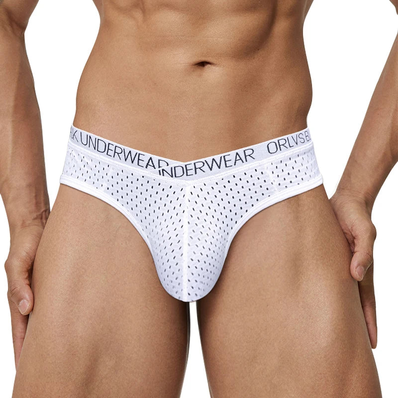 White sheer mesh pouch brief front view with logo waistband and textured pattern