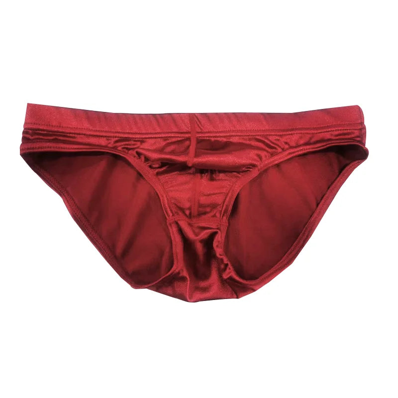Red satin silky brief with ruched front and wide elastic waistband