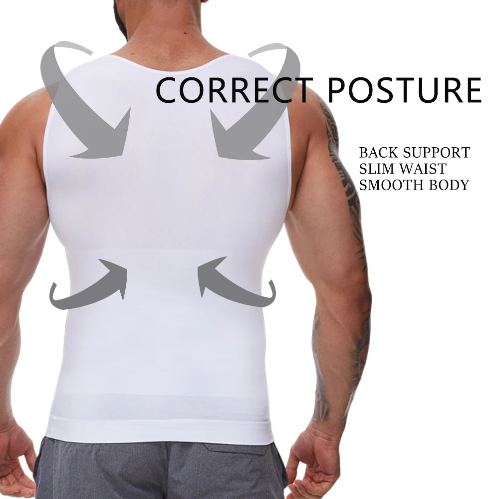 White sleeveless back-support shaping vest, U-neck, rear view
