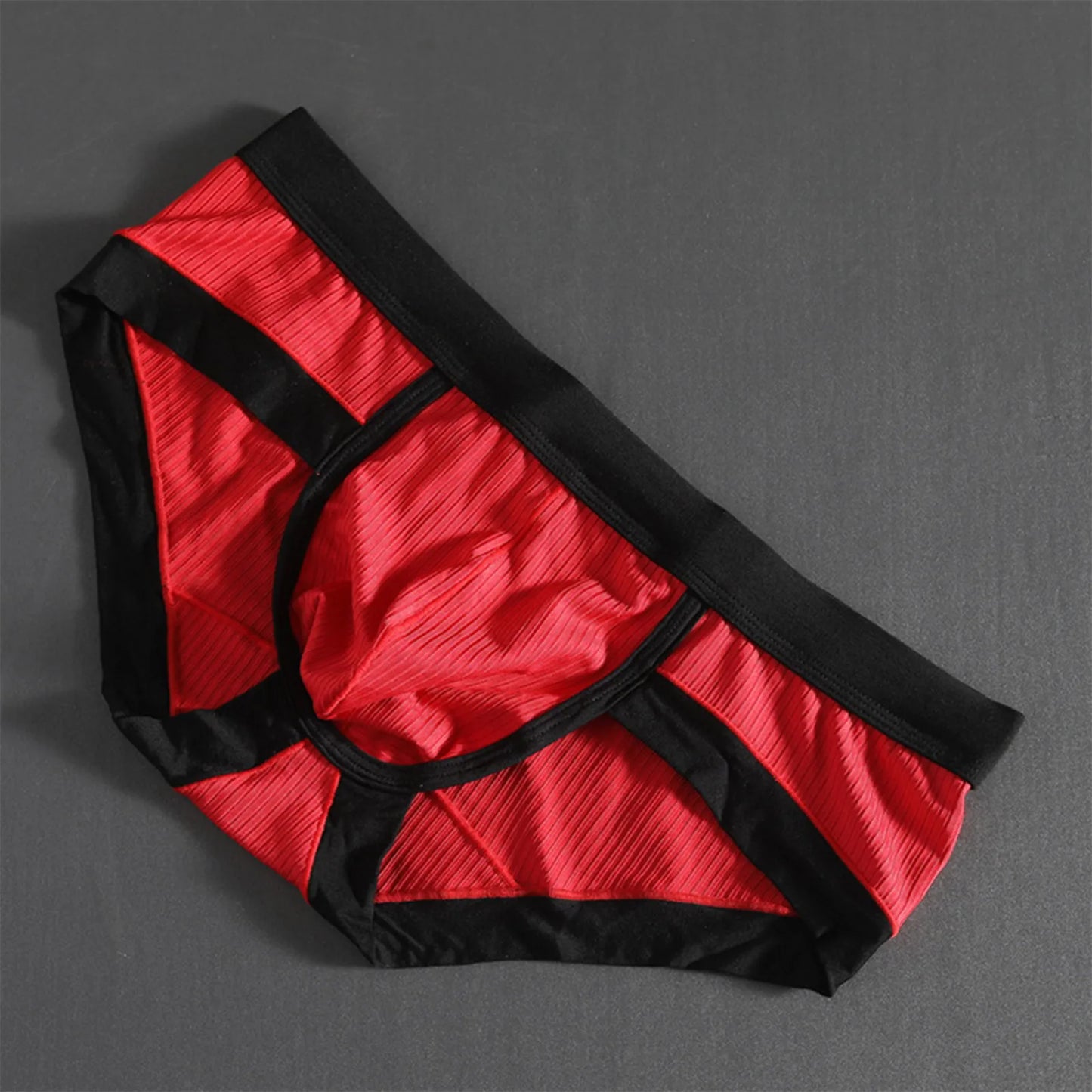 Red-and-black striped U-pouch low-rise brief with black waistband