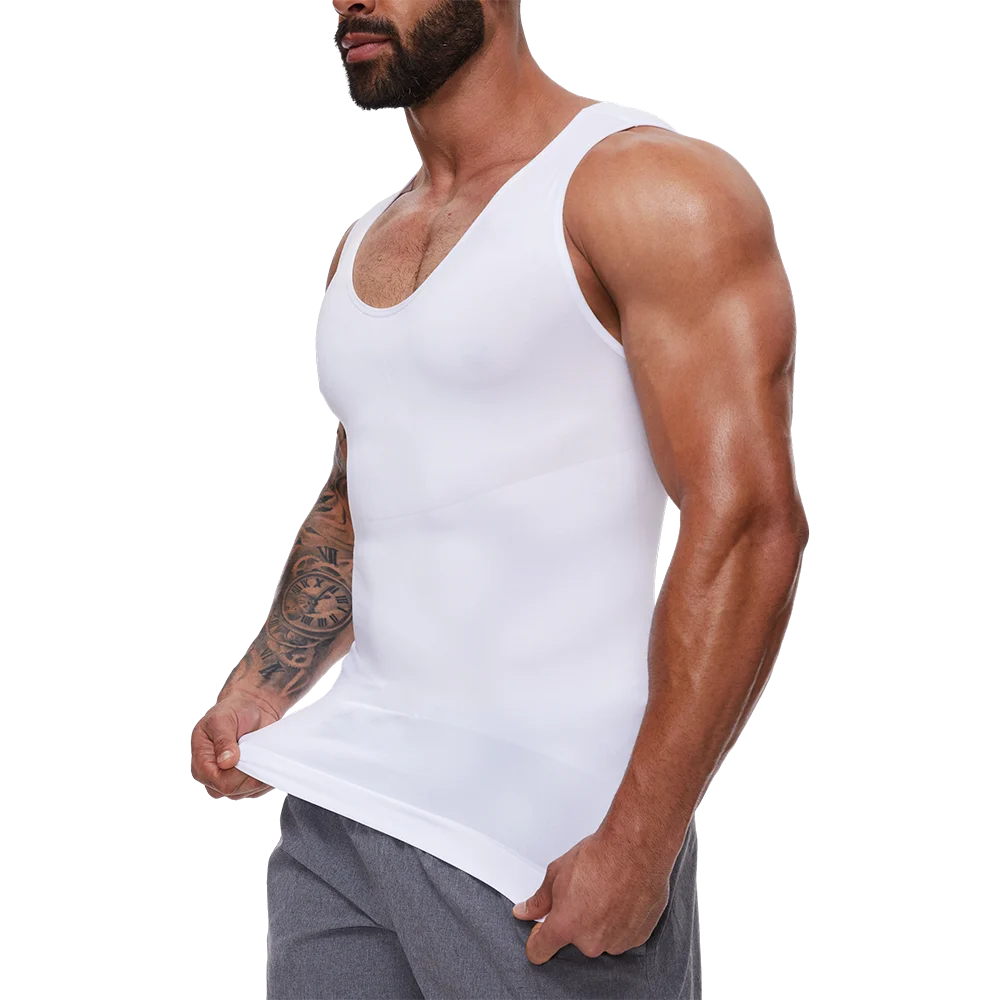 White sleeveless tummy control vest, U-neck tank on model, side view