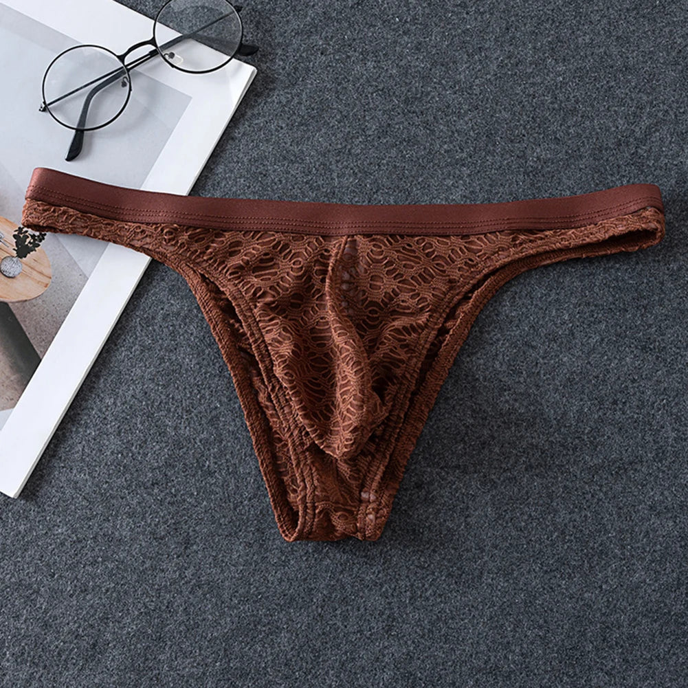 Sheer jacquard thong brief in coffee brown, textured lace front and scalloped edges