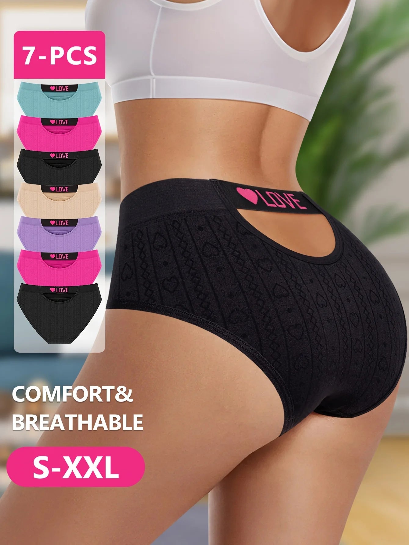 Seamless everyday briefs 7-pack, black with pink heart waistband, breathable