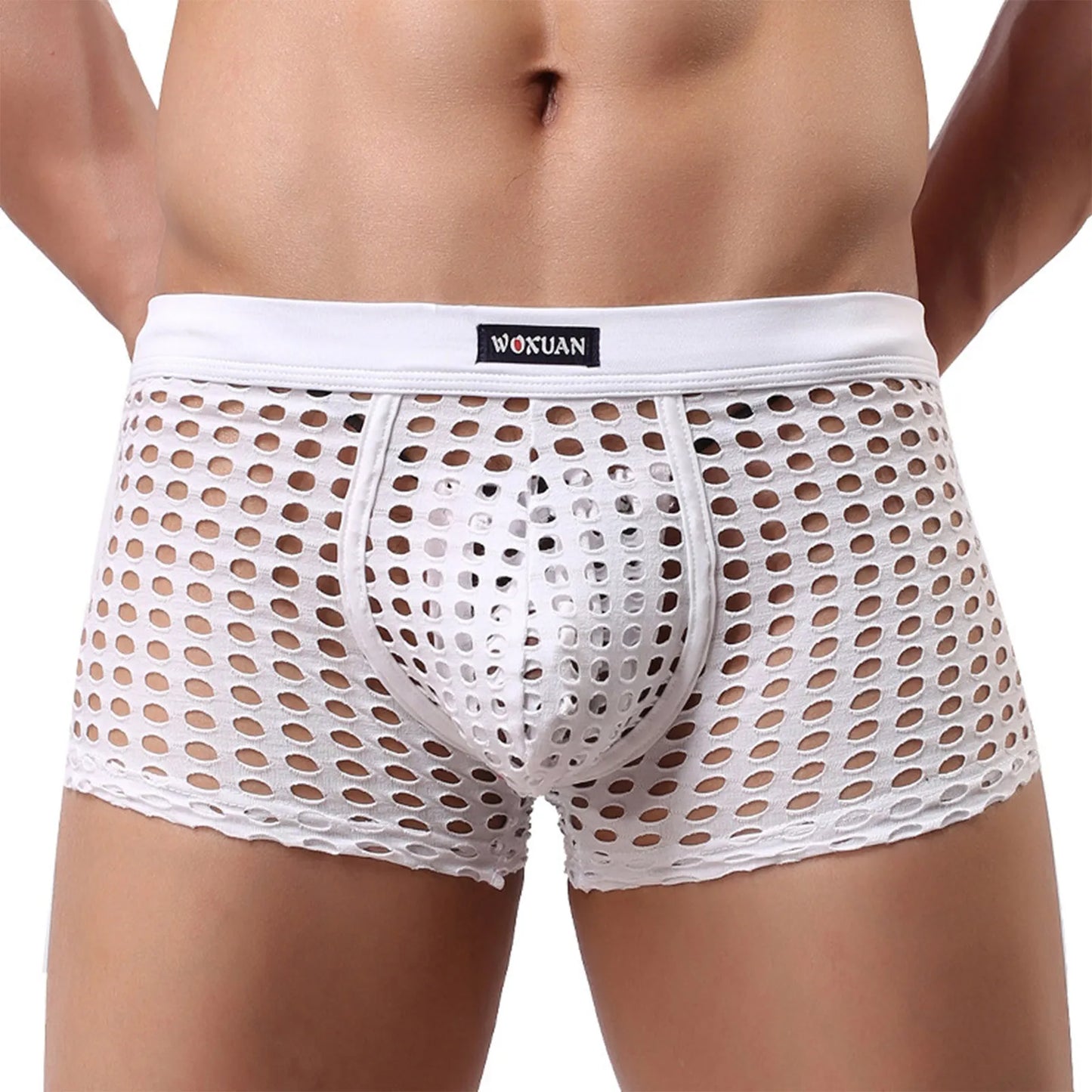 White open-mesh cutout shorts with perforated pattern and pouch, elastic waistband