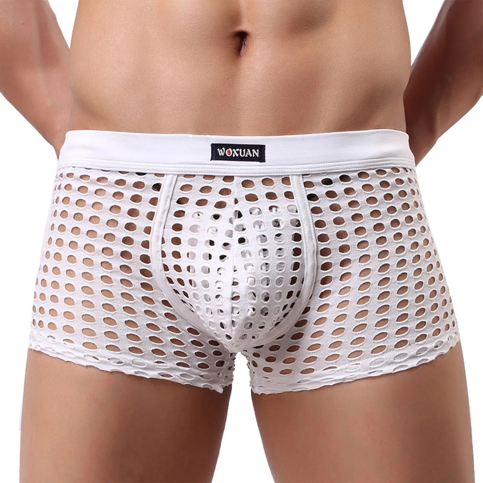 White open-mesh cutout shorts with perforated pattern and pouch, elastic waistband