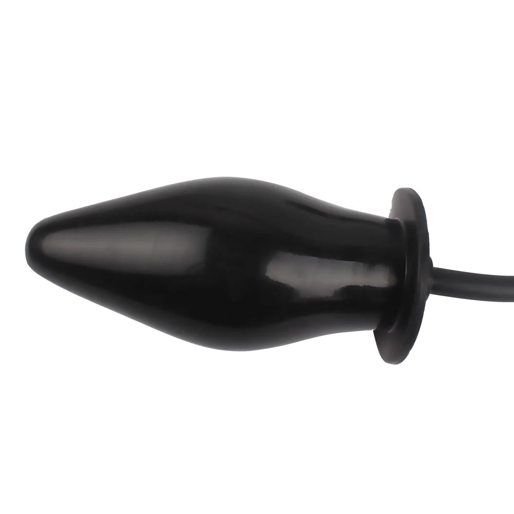 Black inflatable anal plug set with looped air hose and valve piece
