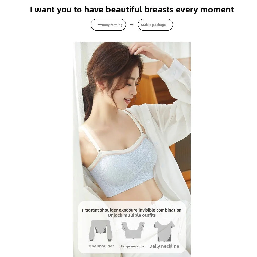 Seamless wireless lift bra in light blue with adjustable straps on a model