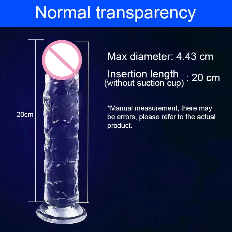 Clear jelly dildo with suction cup; 4.43cm max diameter, 20cm insertion length