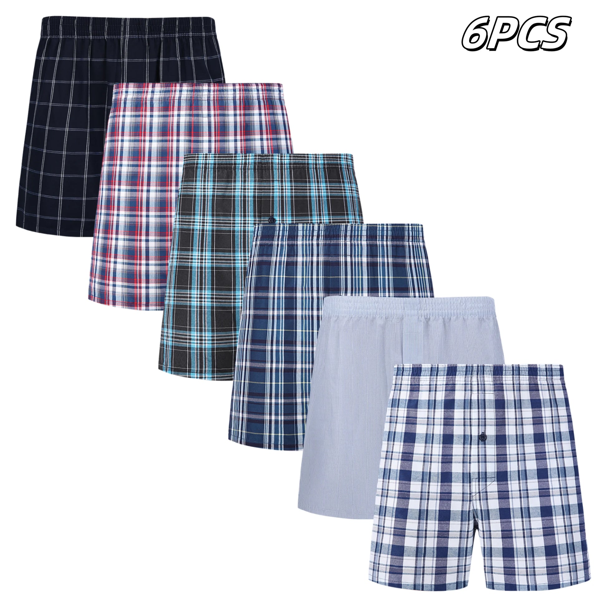 Plaid woven boxer shorts 6-pack in dark, red, blue, and white plaid