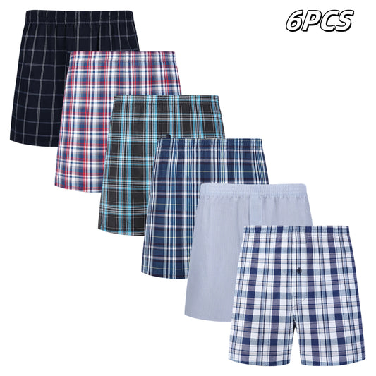 Plaid woven boxer shorts 6-pack in dark, red, blue, and white plaid