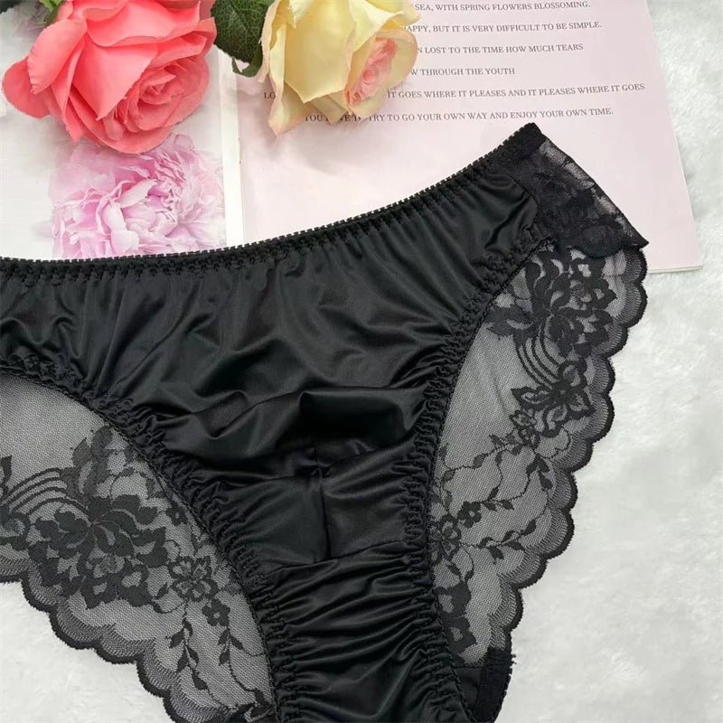 Black lace U-pouch brief with ruched front and floral jacquard lace leg opening trim