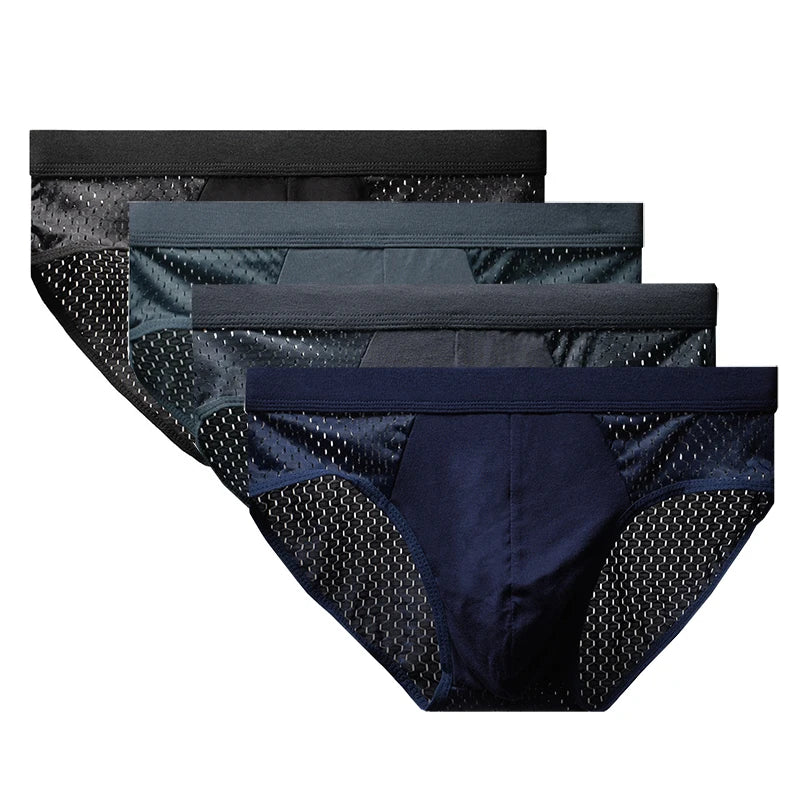 Ice silk mesh square-cut briefs, 4-pack set, dark multicolor with elastic waistband