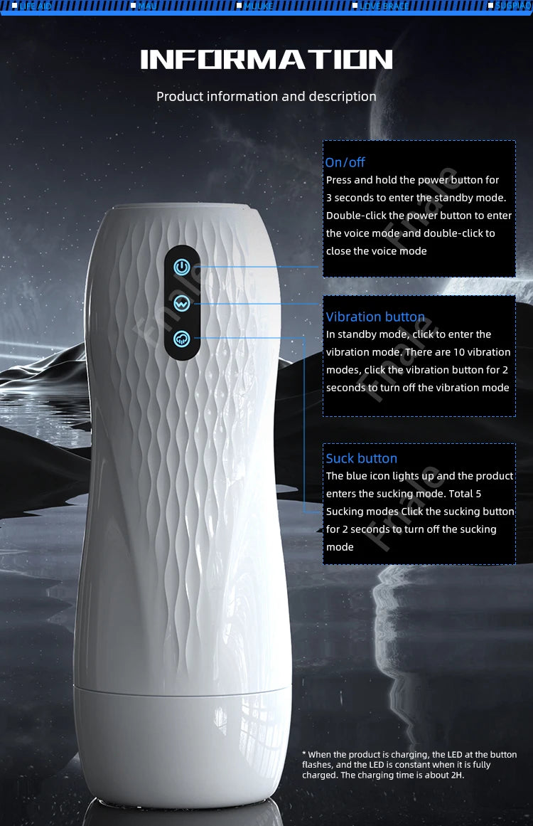 White masturbator cup control panel with suction, vibration, and power instructions