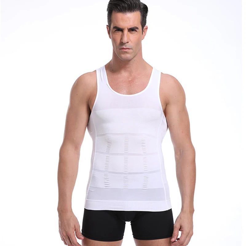 White men’s compression corset vest with scoop neck, sleeveless structured panel design