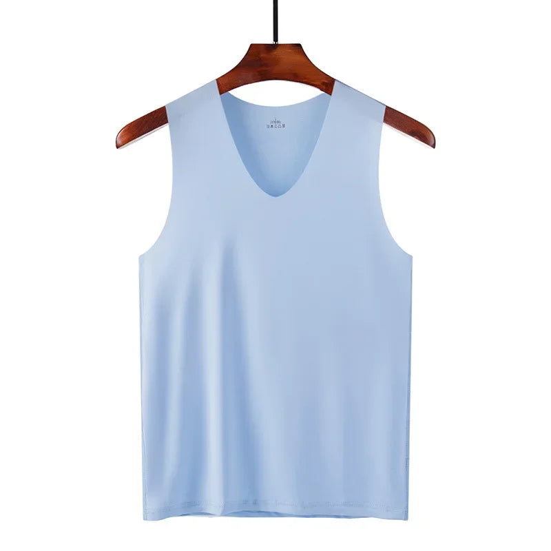 Men's ice silk traceless tank top, light blue sleeveless V-neck