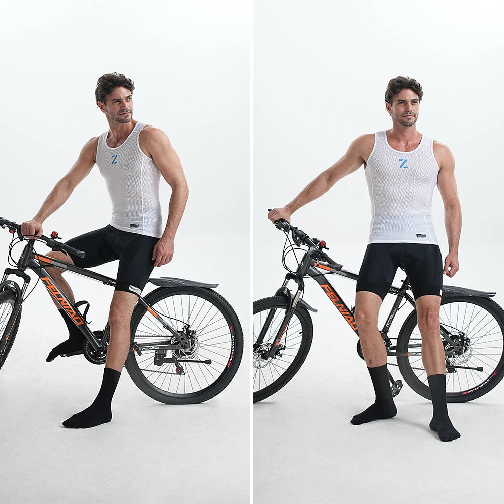 White men's cycling mesh vest base layer worn while riding, sleeveless crew neck