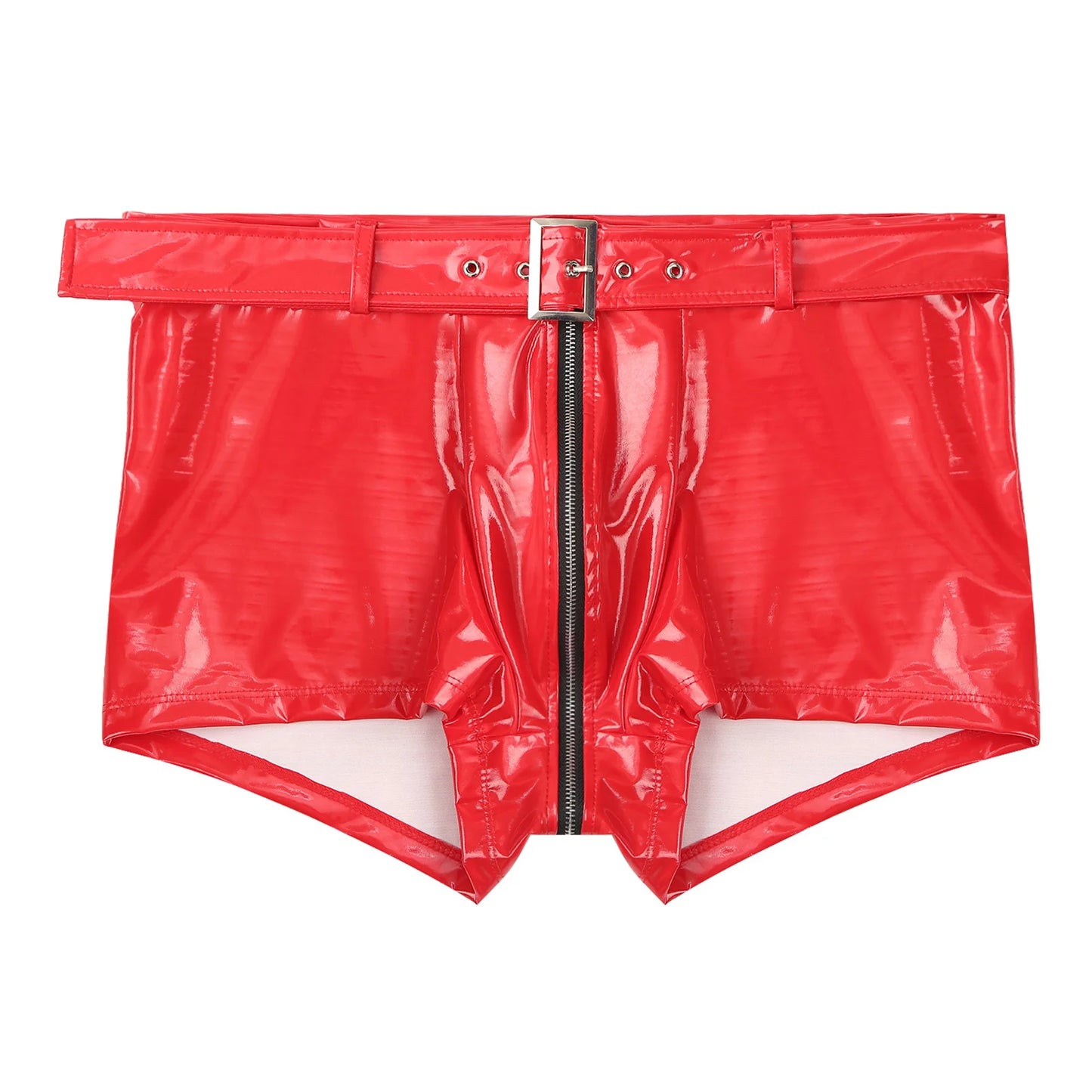 Red wet-look PVC boxer briefs with central front zipper and panel seams
